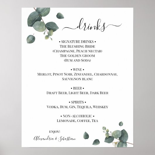 Poster Eucalyptus Mariage Boissons Menu Signer (Devant)