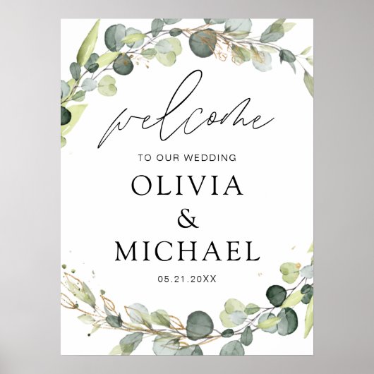 Poster Eucalyptus Moderne Script Mariage Accueil Élégant  (Devant)