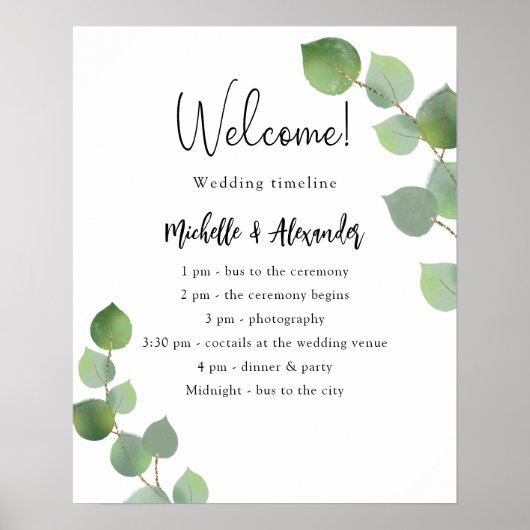Poster Eucalyptus programme de mariage vert calendrier (Devant)