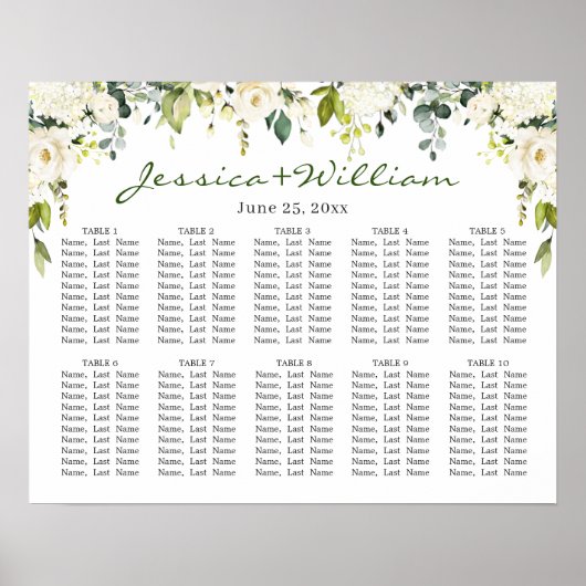 Poster Eucalyptus & Rose 10 Tables Mariage CHART DE SIÈGE (Devant)
