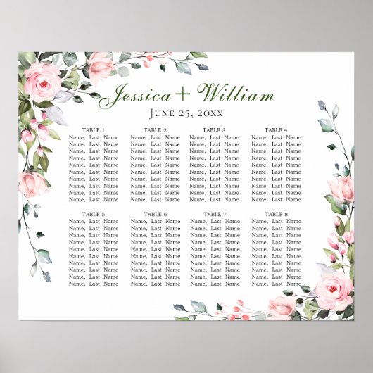 Poster Eucalyptus & Rose 8 Tables Mariage CHART DE SIÈGE (Devant)