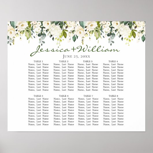 Poster Eucalyptus & Rose 8 Tables Mariage CHART DE SIÈGE (Devant)
