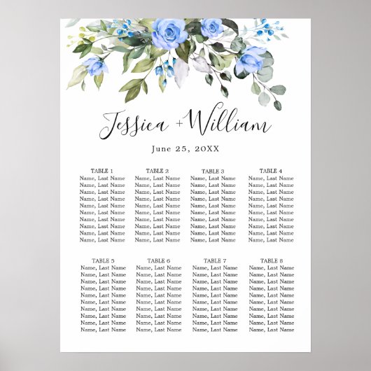 Poster Eucalyptus & Rose 8 Tables Mariage CHART DE SIÈGE (Devant)