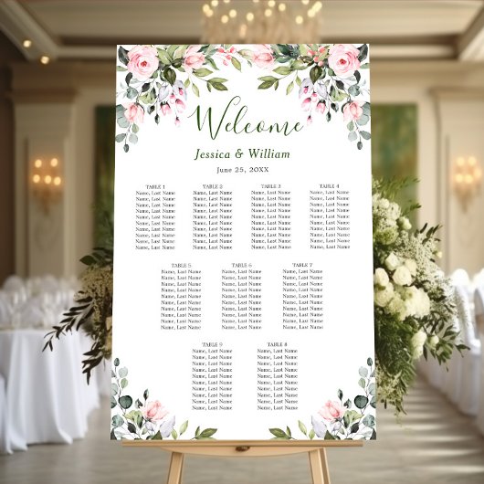 Poster Eucalyptus & Roses 9 Tables Mariage PLAN DE TABLE