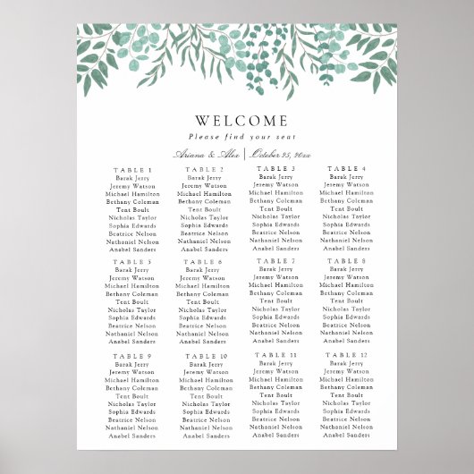 Poster Eucalyptus Rustic Greenery Mariage Carte de siège (Devant)