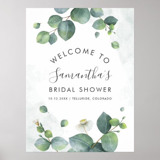 Poster Eucalyptus Verdure Écrit Nom Baby Shower Mariée (Devant)