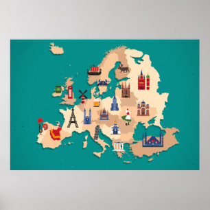 POSTER EUROPE MAP ÉLÉMENTS DE PAYS ILLUSTRATION CONCEPTIO