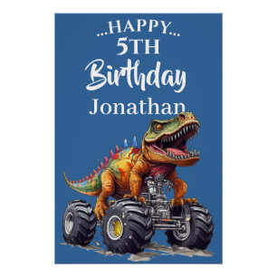 Poster Excitant Dinosaure Bleu T-Rex Monster Truck Thème