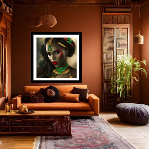 Poster Exotic African Glamorous woman red lips green gold