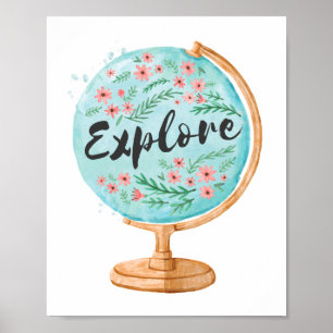 Poster EXPLORER   World Globe Floral Watercolor Travel Ar