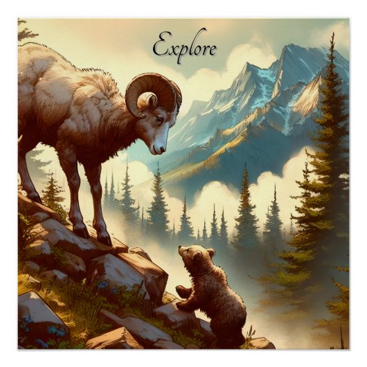 Poster Explorez Bighorn Sheep Grizzly Cub Mountain (Devant)