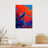 Poster Expressionist Wolf Under Crimson Moon Wall Art (Cuisine)