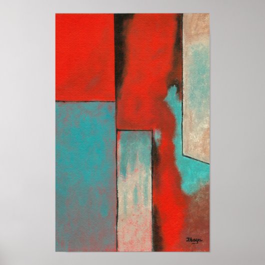 Poster Expressionniste d'art Abstrait Red Aqua Turquoise  (Devant)