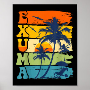 Poster Exuma Bahamas Retro Palm Tree Beach Vacatio été
