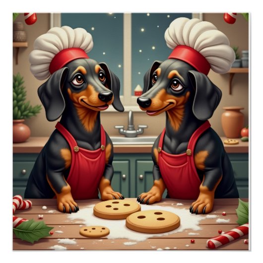 Poster Fabricants de biscuits de Noël de teckel Fête de p (Devant)