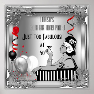 Poster Fabulous 50 Diva Art Deco Birthday Banner Red