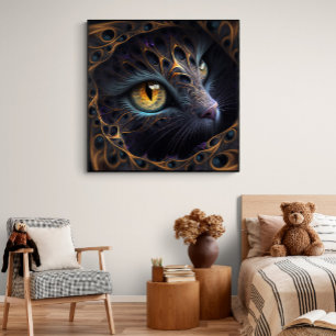Poster Face de chat fractale en noir et colorants vibrant
