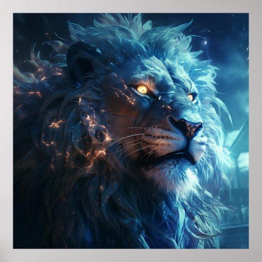 Poster Face de lion Imaginaire bleu avec yeux or (Devant)