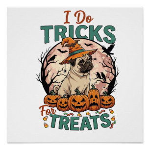 Poster Faire des tours friandises Halloween Pug Sorcière