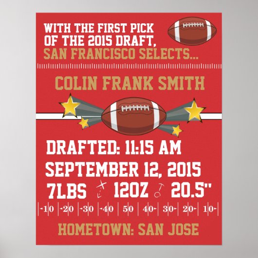 Poster Faire-part de naissance de football - Rouge & Or (Devant)