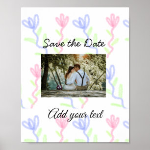 Poster Faire-part simple aquarelle fleur rose bleue