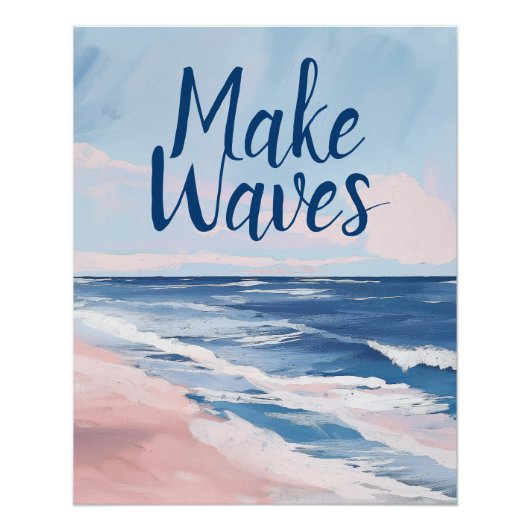 Poster Faire Waves Pink Blue Coastal Beach gouache (Devant)
