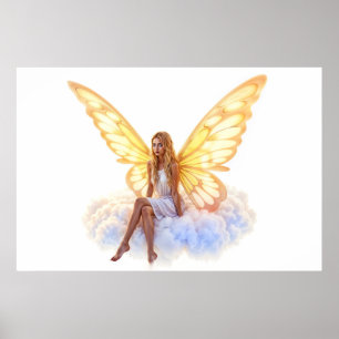 Poster Fairy imaginaire blonde fille nuage assis magique