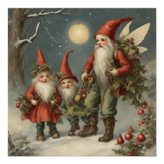 Poster Fairy Tale Christmas Gnome Family in Winter Forest (Devant)