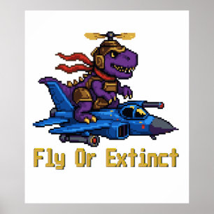 Poster Fais voler ou éteins Pixel Art Dinosaure Pilote Co