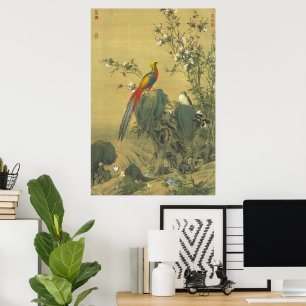 Poster Faisan doré vintage dans l'art de jardin printanie
