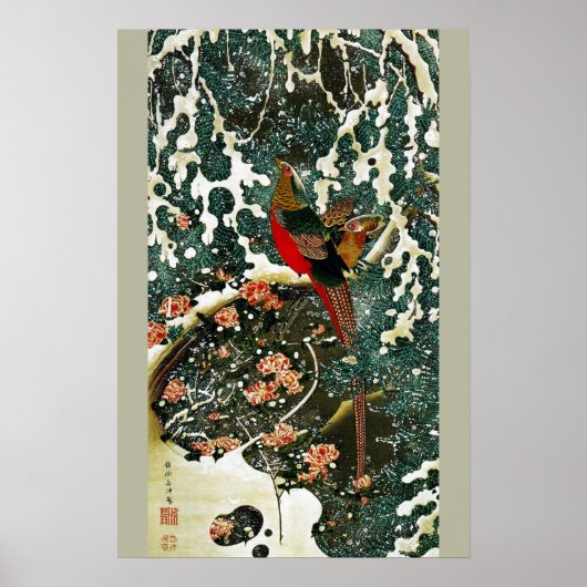 Poster Faisans dans la neige, pin, roses, fleurs japonais (Devant)