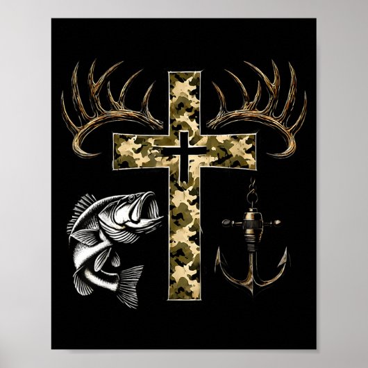 Poster Faith Fishing Hunting Camo Cross With Hook B Chris (Devant)