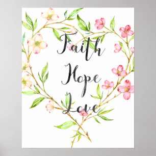 Poster Faith Hope Love Rose Aquarelle Coeur Floral