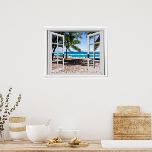 Poster Fake Window With Palm trees on Beach Ocean View (Cuisine)