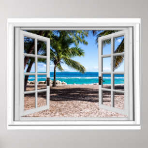 Poster Fake Window With Palm trees on Beach Ocean View