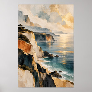 Poster Falaise Côtière Dorée et Paysage de Mur de Mer Ble