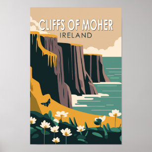 Poster Falaises de Moher Irlande Floral Travel Art Vintag