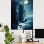 Poster Falaises Océaniques au Clair de Lune en Bleu Monoc (Bureau à domicile)