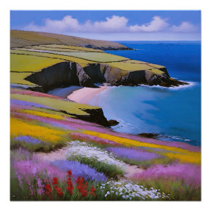 Poster Falaises verdoyantes et vagues d'azur
