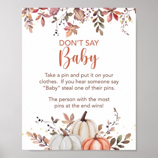Poster Fall Don't Say Baby Shower Game Sign Pumpkins (Devant)