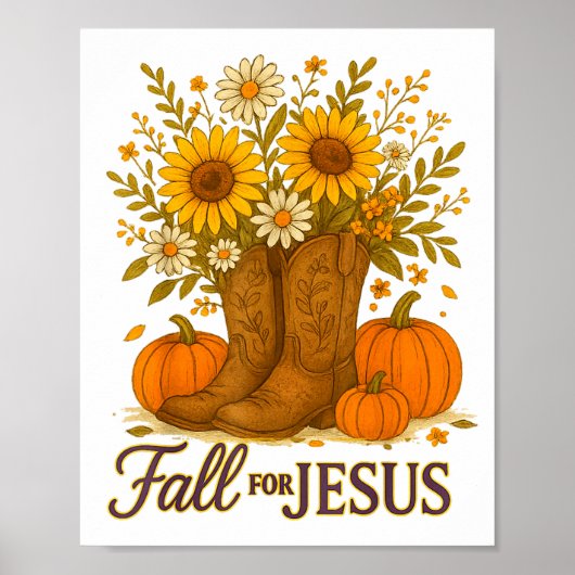 Poster Fall For Jesus Western Boots Pumpkin Floral Faith (Devant)
