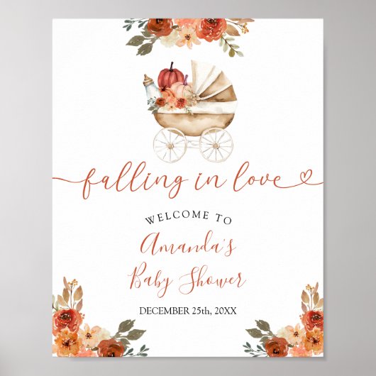Poster Fall Pumpkin Stroller Floral Baby Shower Welcome (Devant)