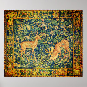 Poster FALLOW DEER PAIR,GOTHIC FANTASY FLOWERS,Green