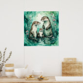 Poster Famille adorable de Otter avec Baby Otter (Cuisine)
