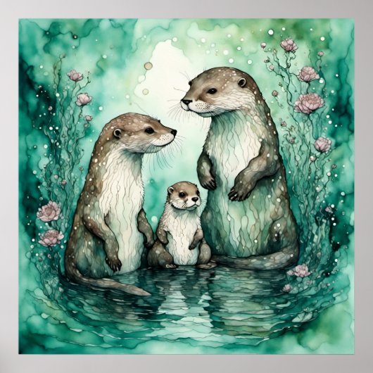 Poster Famille adorable de Otter avec Baby Otter (Devant)