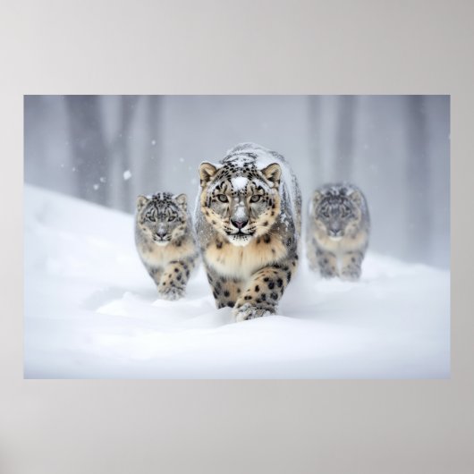 Poster Famille d'animaux léopard de neige errants (Devant)