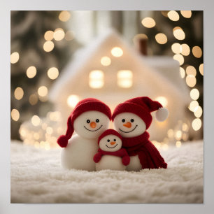 Poster Famille de bonhomme de neige mignon Noël d'hiver