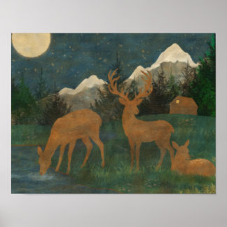Poster Famille de cerfs au bord d'un ruisseau, peinture C