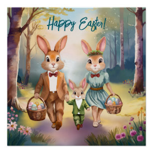 Poster Famille de lapins de Pâques à la chasse aux œufs -
