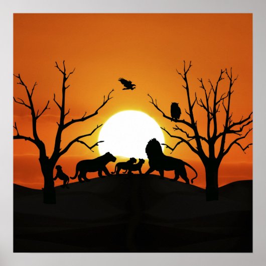 Poster Famille de lions au coucher du soleil Afrique (Devant)